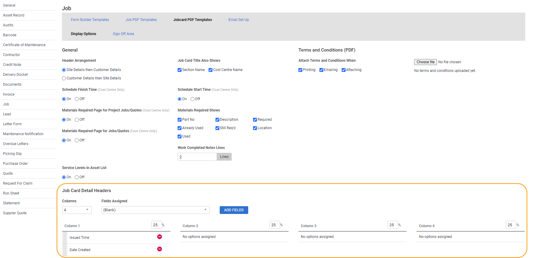 A screenshot of the setup columns for the job card detail headers.